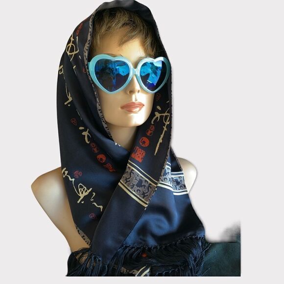 Vintage silk satin navy blue fringed rectangular fringed scarf Asian design - Picture 3 of 5